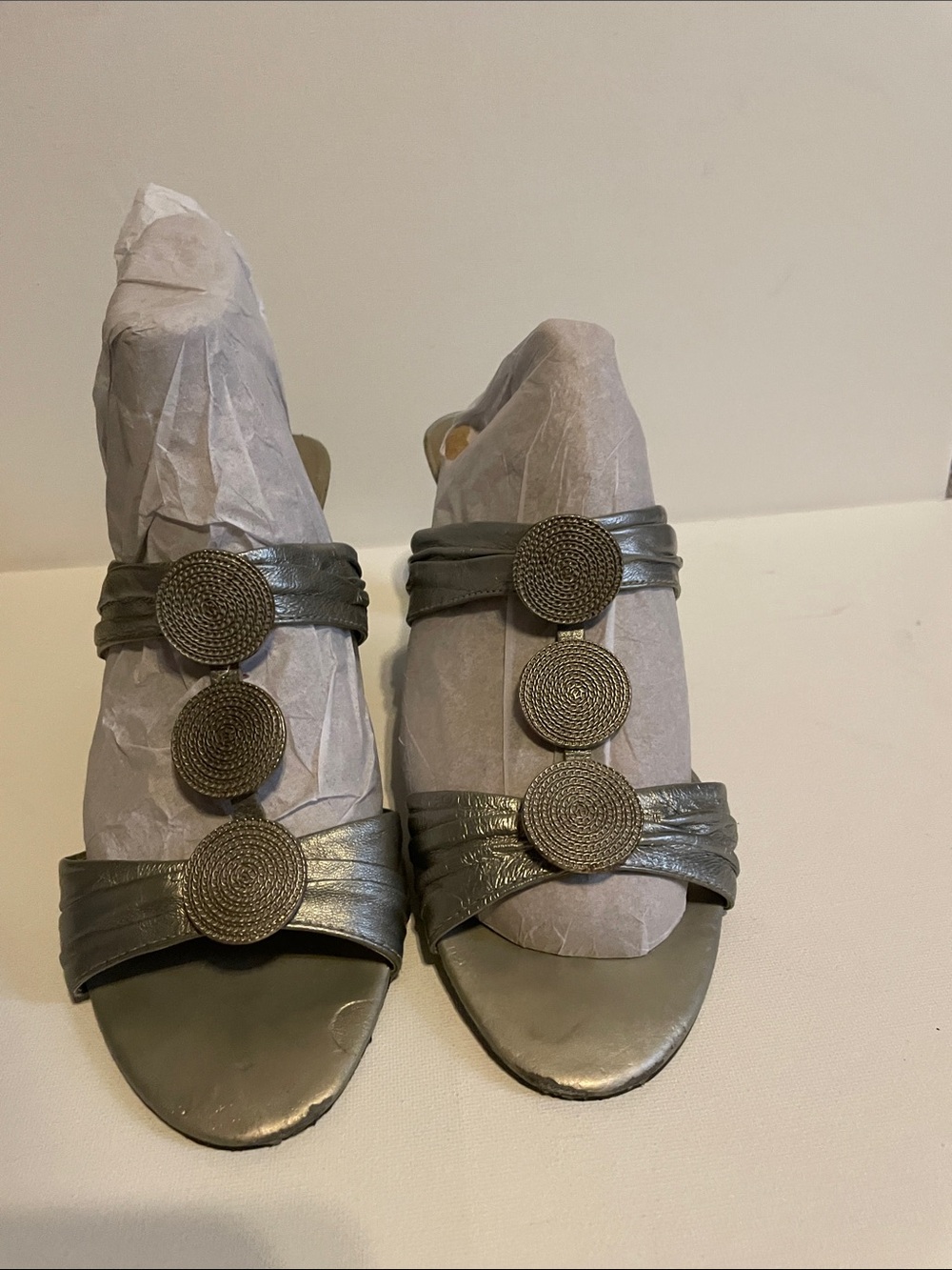 Bandolino Metallic Silver Strappy Sandals with Decorative Discs